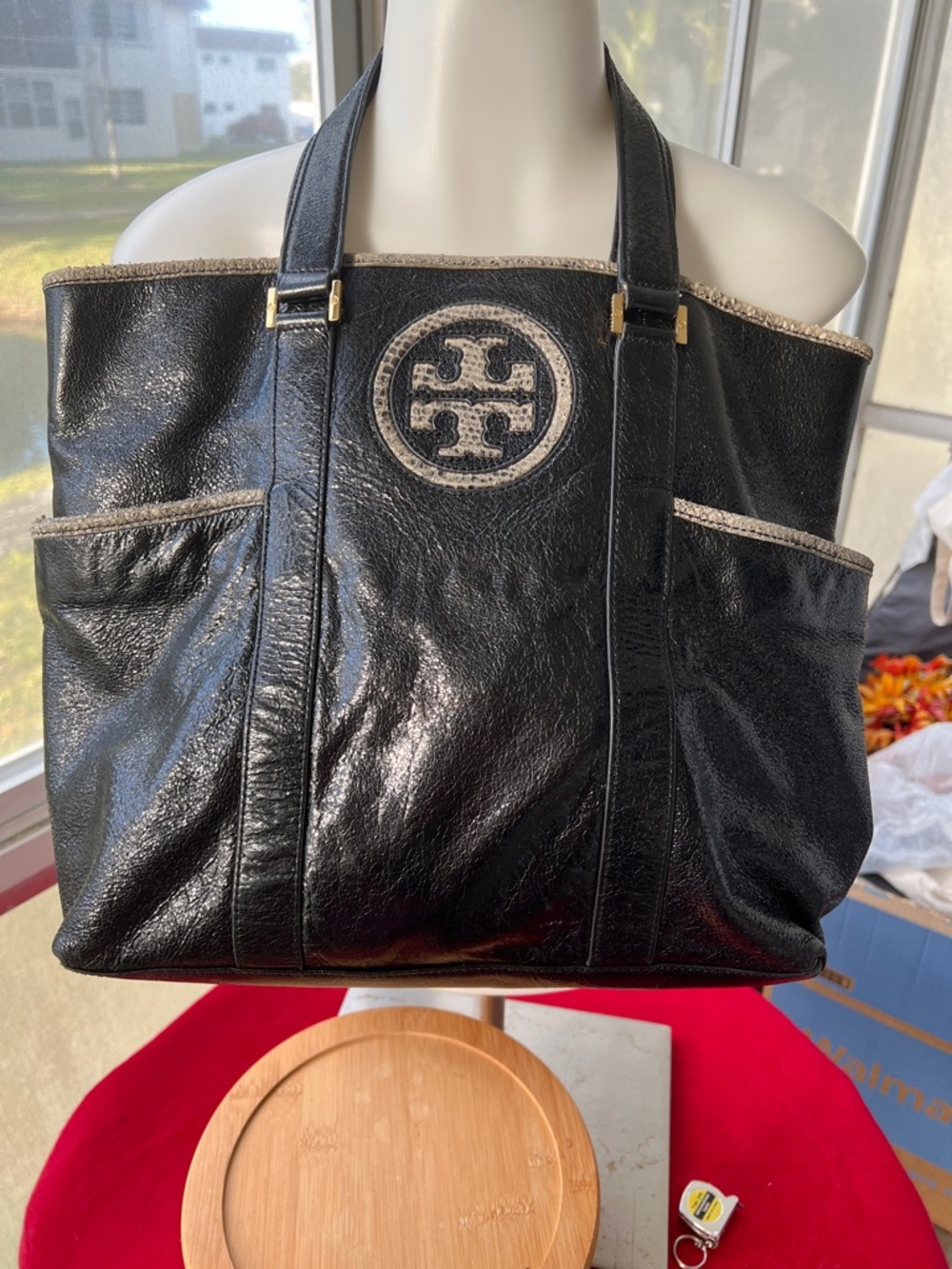 Tory Burch Black Leather Logo Tote with Contrast Trim